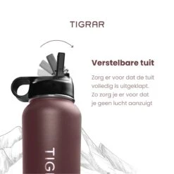 Tigrar - Waterfles Met Rietje - Drinkfles 1 Liter - Thermosfles - RVS - Rood - Incl. Extra Dop, 3 Rietjes En Reiniger -Bekerwinkel 1198x1200