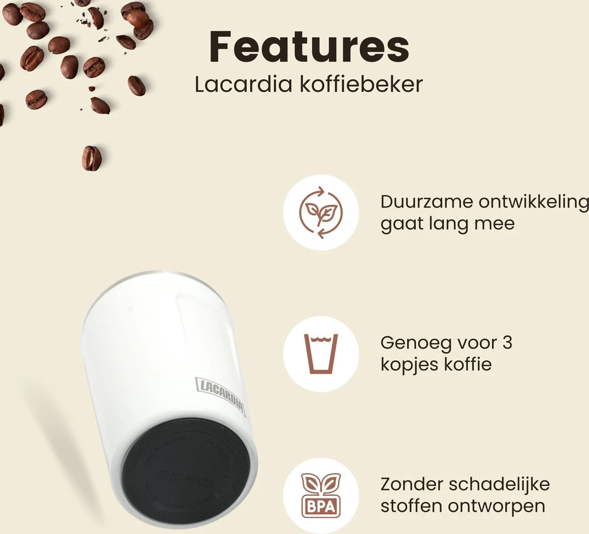 LaCardia Koffiebeker To Go Premium Wit – Thermosbeker – Theebeker – 380ML – Herbruikbaar 5 LaCardia Koffiebeker To Go Premium Wit – Thermosbeker – Theebeker – 380ML – Herbruikbaar - Afbeelding 3
