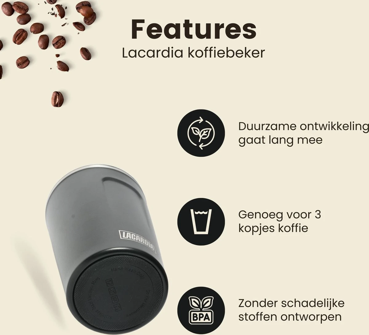 LaCardia Koffiebeker To Go Premium Zwart – Thermosbeker – Theebeker – 380ML – Herbruikbaar 5 LaCardia Koffiebeker To Go Premium Zwart – Thermosbeker – Theebeker – 380ML – Herbruikbaar - Afbeelding 3
