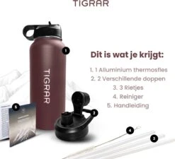 Tigrar - Waterfles Met Rietje - Drinkfles 1 Liter - Thermosfles - RVS - Rood - Incl. Extra Dop, 3 Rietjes En Reiniger -Bekerwinkel 1200x1093
