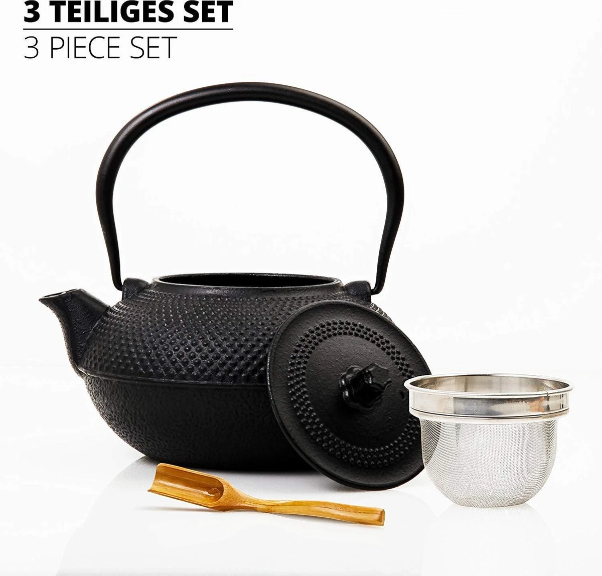 Lumaland - Thee Set - Theeservies - 1x Gietijzeren Theepot (1,4L), 1x Bamboe Doseerlepel, 1x Edelstalen Zeef 3 Lumaland - Thee Set - Theeservies - 1x Gietijzeren Theepot (1,4L), 1x Bamboe Doseerlepel, 1x Edelstalen Zeef