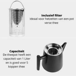 Castagnola Theepot Met Filter – Theekan – Theepot Dubbelwandig – Theepot Roestvrijstaal – Hoogwaardig RVS – 1 Liter – 5 Kopjes Thee – Zwart 15 Castagnola Theepot Met Filter – Theekan – Theepot Dubbelwandig – Theepot Roestvrijstaal – Hoogwaardig RVS – 1 Liter – 5 Kopjes Thee – Zwart -Bekerwinkel 1200x1195 20