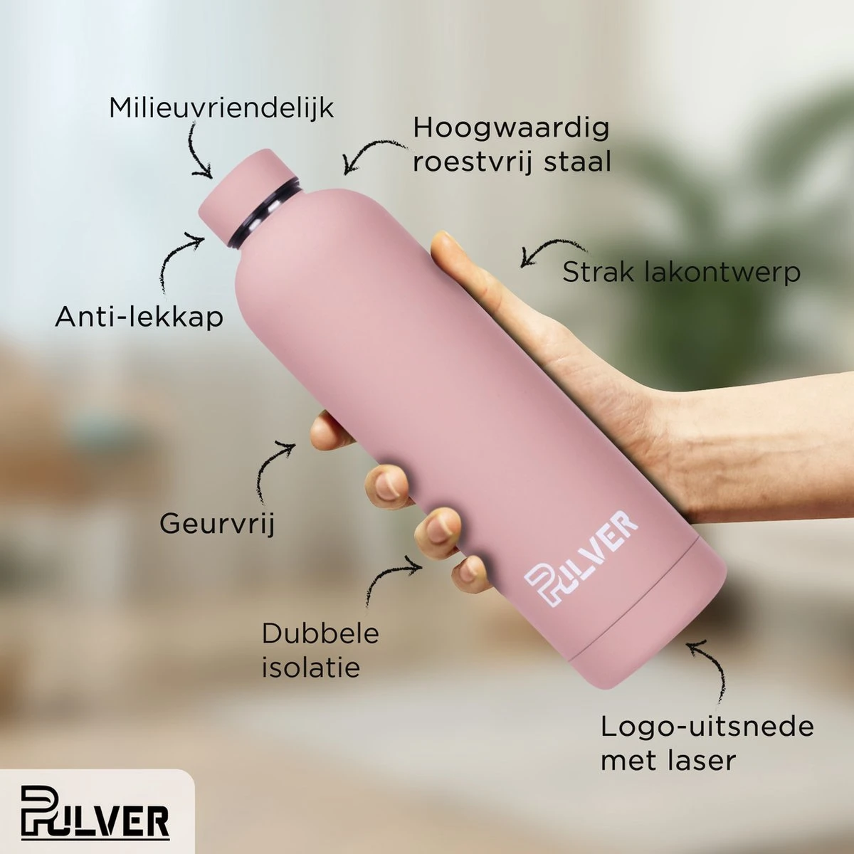 Pulver - RVS Thermosfles / Drinkfles – BPA Vrij – 750 Ml - Waterfles Met Draaidop – Drinkfles – Dubbele Isolatie - Rubberen Coating- Licht Roze 4 Pulver - RVS Thermosfles / Drinkfles – BPA Vrij – 750 Ml - Waterfles Met Draaidop – Drinkfles – Dubbele Isolatie - Rubberen Coating- Licht Roze - Afbeelding 2