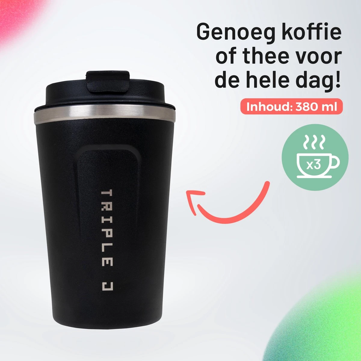 Triple J® Koffiebeker To Go - Thermosbeker - BPA & Lekvrij - 380ml - Zwart 4 Triple J® Koffiebeker To Go - Thermosbeker - BPA & Lekvrij - 380ml - Zwart - Afbeelding 2
