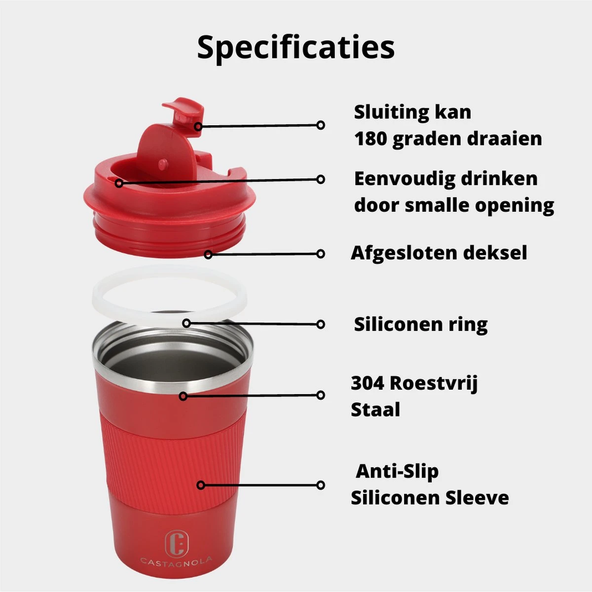 Castagnola Design RVS Koffiebeker To Go - Rood - 380ml - Thermosbeker - Theebeker 7 Castagnola Design RVS Koffiebeker To Go - Rood - 380ml - Thermosbeker - Theebeker - Afbeelding 5