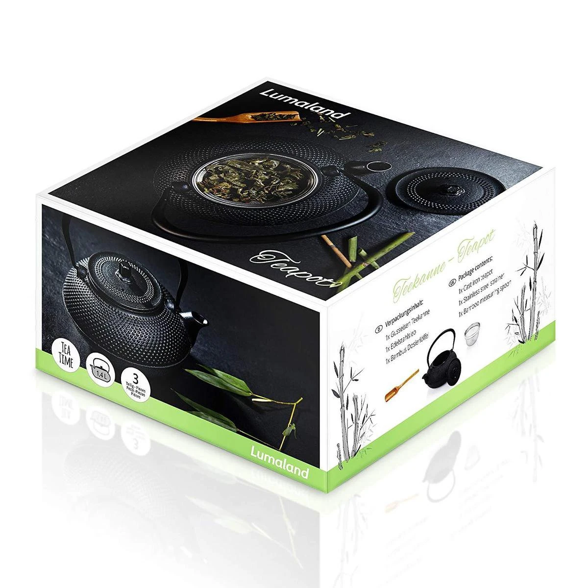 Lumaland - Thee Set - Theeservies - 1x Gietijzeren Theepot (1,4L), 1x Bamboe Doseerlepel, 1x Edelstalen Zeef 4 Lumaland - Thee Set - Theeservies - 1x Gietijzeren Theepot (1,4L), 1x Bamboe Doseerlepel, 1x Edelstalen Zeef - Afbeelding 2
