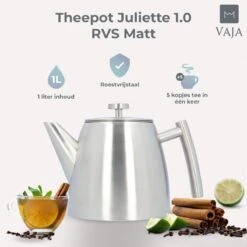 Vaja® Theepot Camille Met Filter - Zilver - 1.0L - RVS Dubbelwandig - Theekan -Bekerwinkel 1200x1200 907