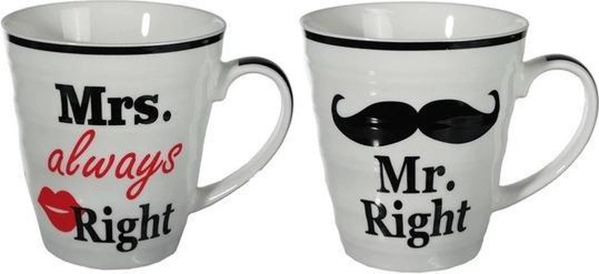 Mr Right En Mrs Always Right Beker Set Voor Hem En Haar - Cadeau Set/gift Set - Huwelijk/Bruiloft/Valentijnsdag 3 Mr Right En Mrs Always Right Beker Set Voor Hem En Haar - Cadeau Set/gift Set - Huwelijk/Bruiloft/Valentijnsdag