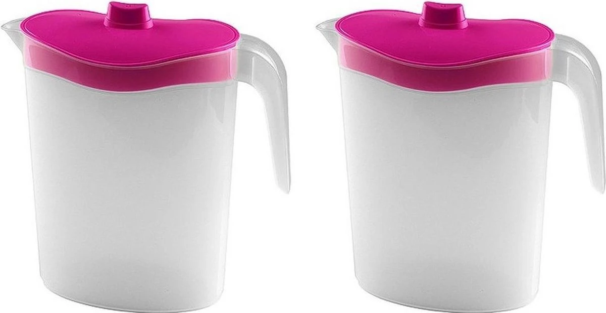 2x Waterkannen/sapkannen Met Roze Deksel 2,5 Liter 11 X 23 X 26 Cm Kunststof - Sapkannen/waterkannen/schenkkannen/limonadekannen 3 2x Waterkannen/sapkannen Met Roze Deksel 2,5 Liter 11 X 23 X 26 Cm Kunststof - Sapkannen/waterkannen/schenkkannen/limonadekannen