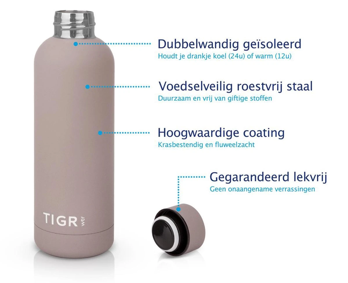 TIGR The Minimalist - Drinkfles - Thermosfles - RVS - 500ml - Taupe 4 TIGR The Minimalist - Drinkfles - Thermosfles - RVS - 500ml - Taupe - Afbeelding 2