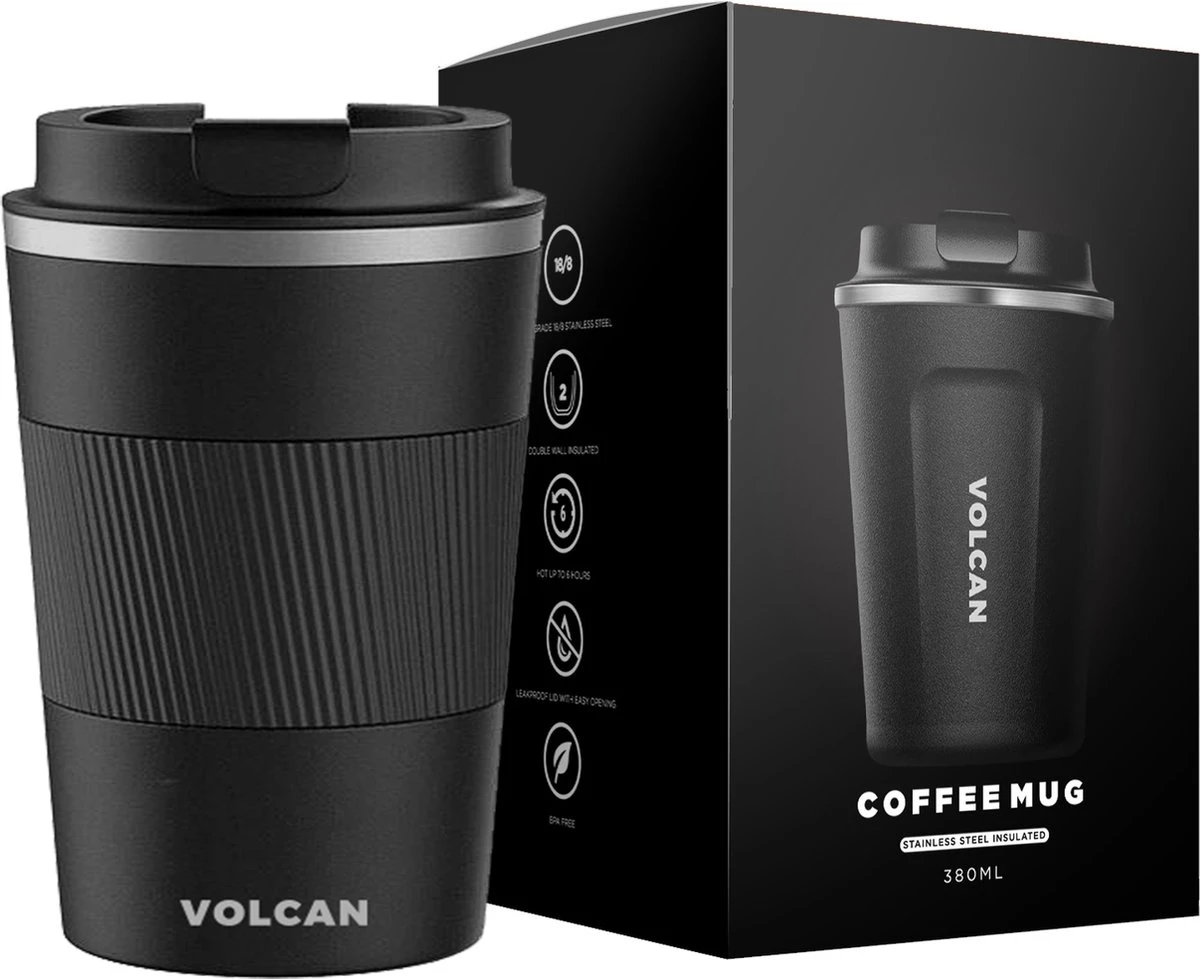 Volcan RVS Koffiebeker To Go Met Sleeve - Thermosbeker - Theebeker - Coffee - Zwart 3 Volcan RVS Koffiebeker To Go Met Sleeve - Thermosbeker - Theebeker - Coffee - Zwart